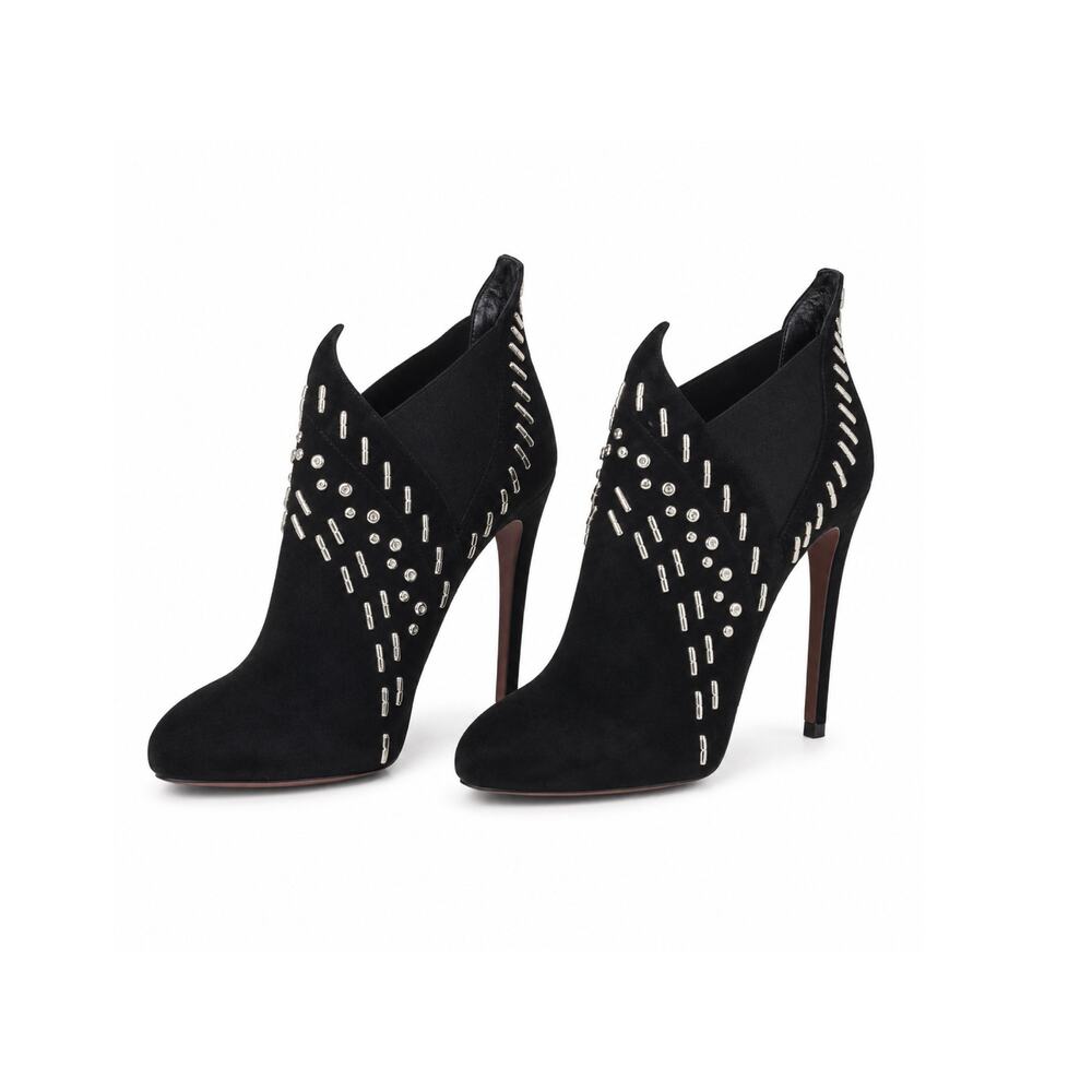 ALAIA Rare Suede Stiletto Studded Heel Ankle Booties Suede Hardware